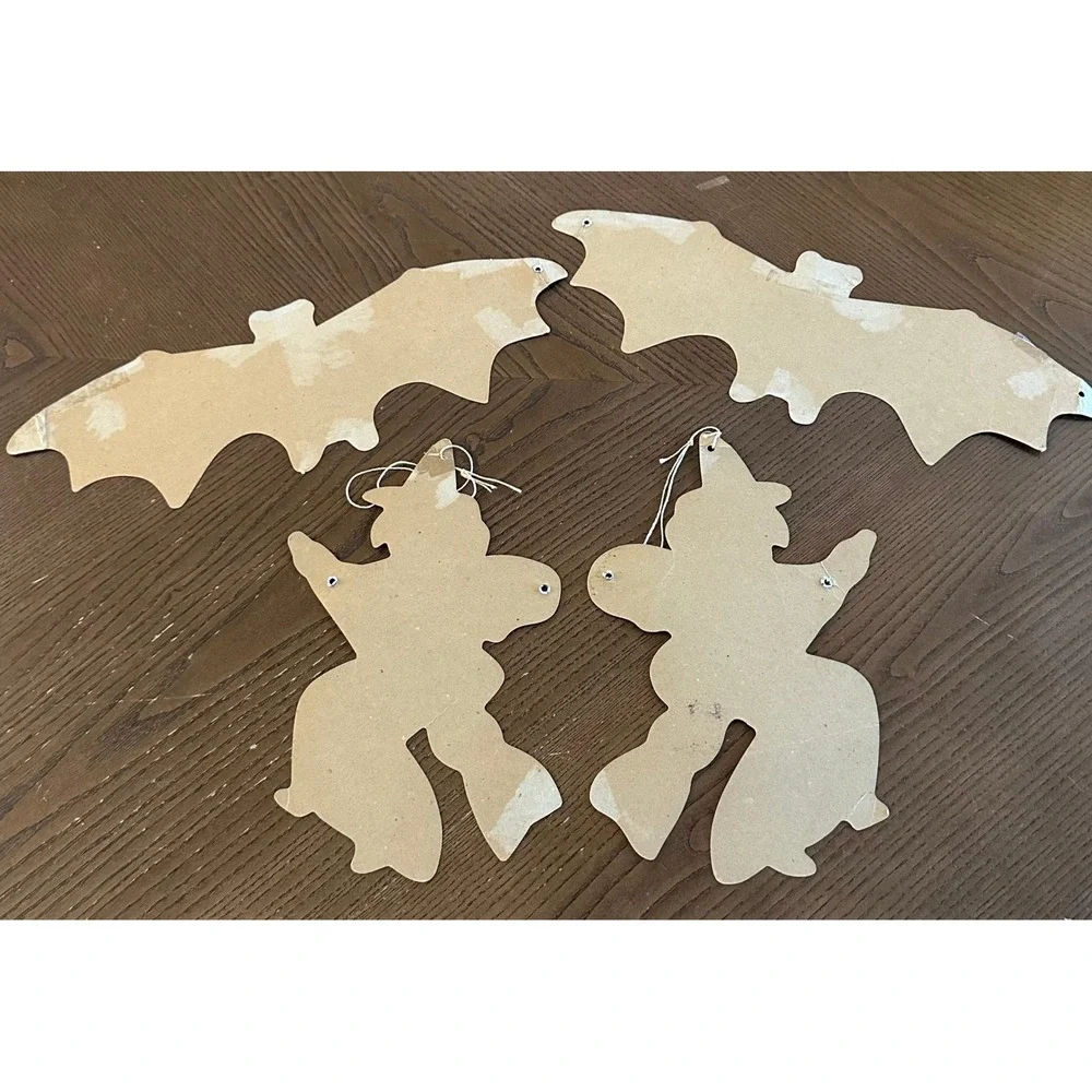 Vtg Japan Halloween Die Cut Decorations Set of 4 Black White Bats Witches Paper
